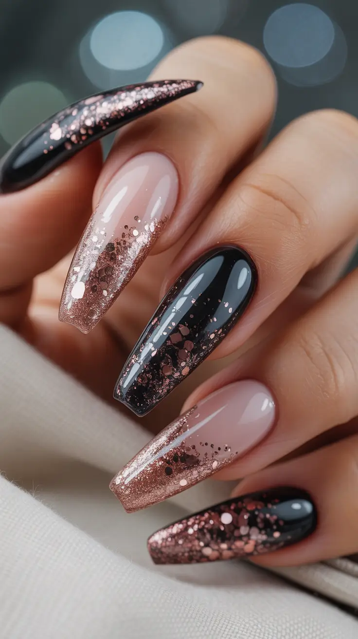 Winter Black and Copper Glitter Nails 2025 2026
