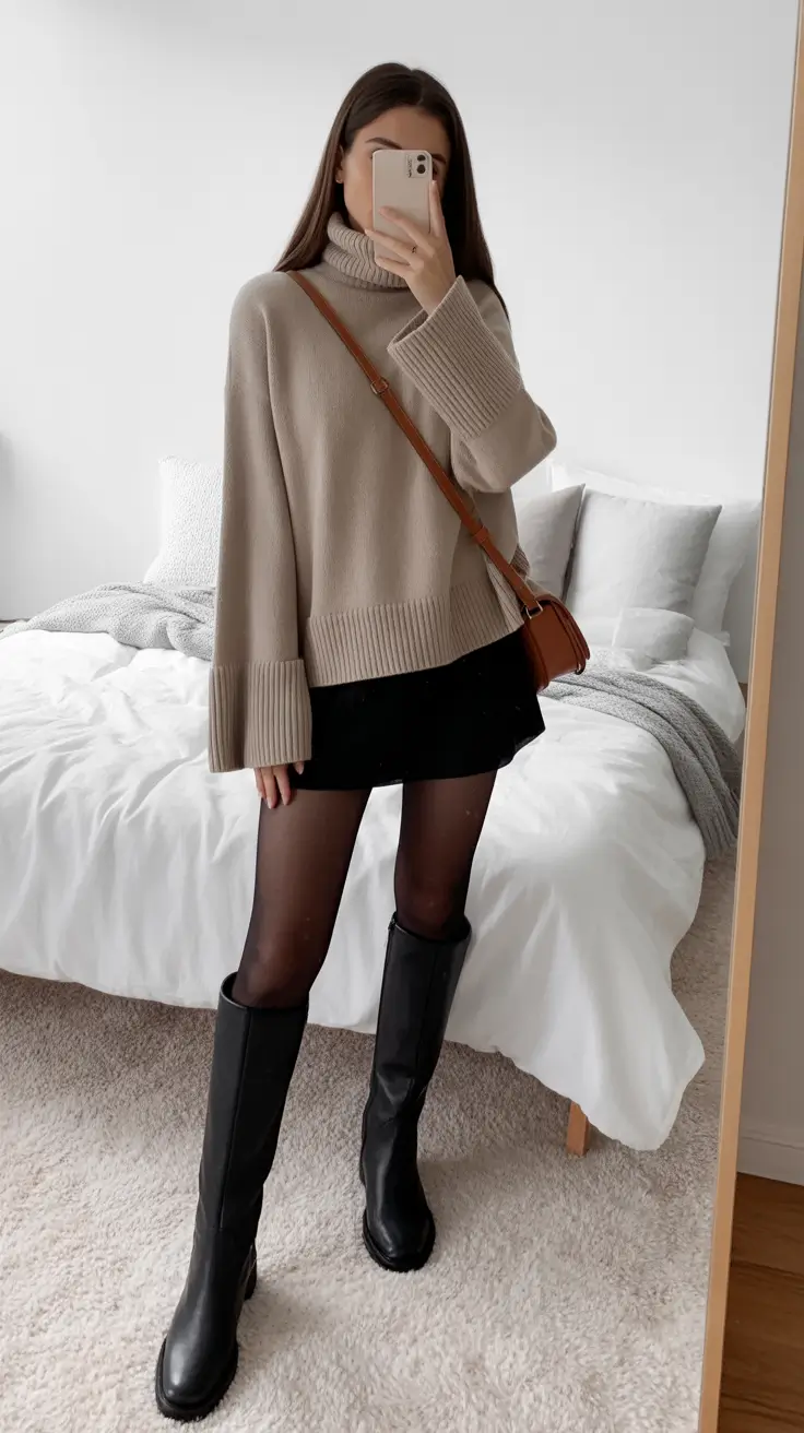 Streetwear Taupe Turtleneck and Mini Skirt Edit