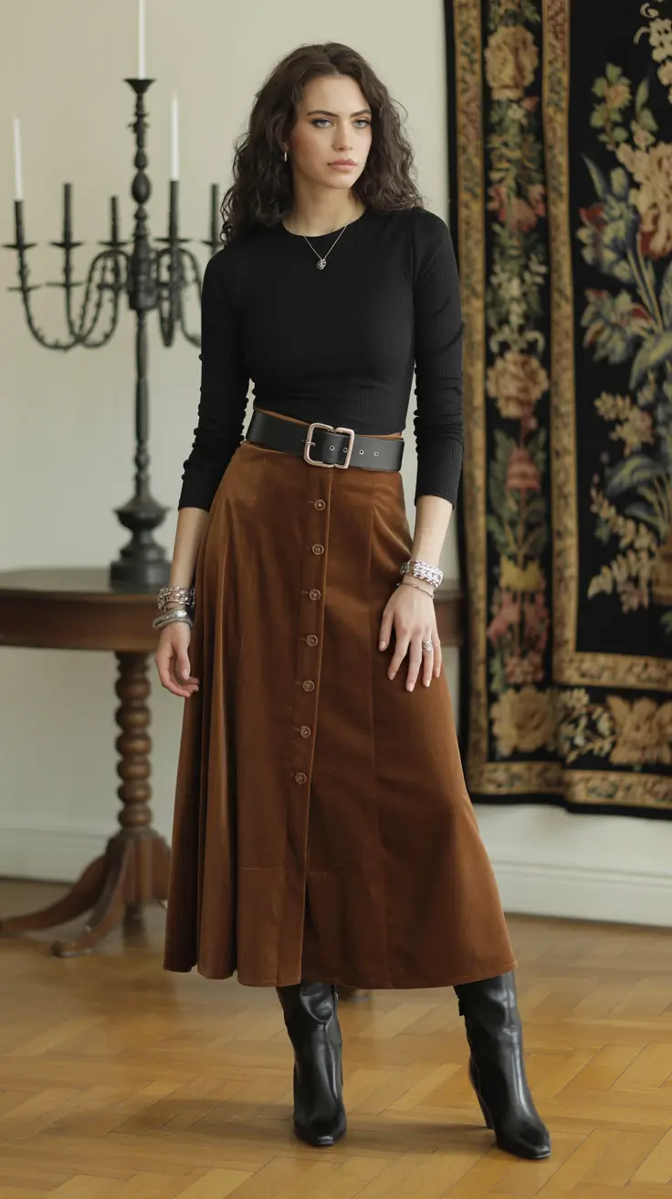 Y2k Vintage Brown Skirt and Black Top Vibes