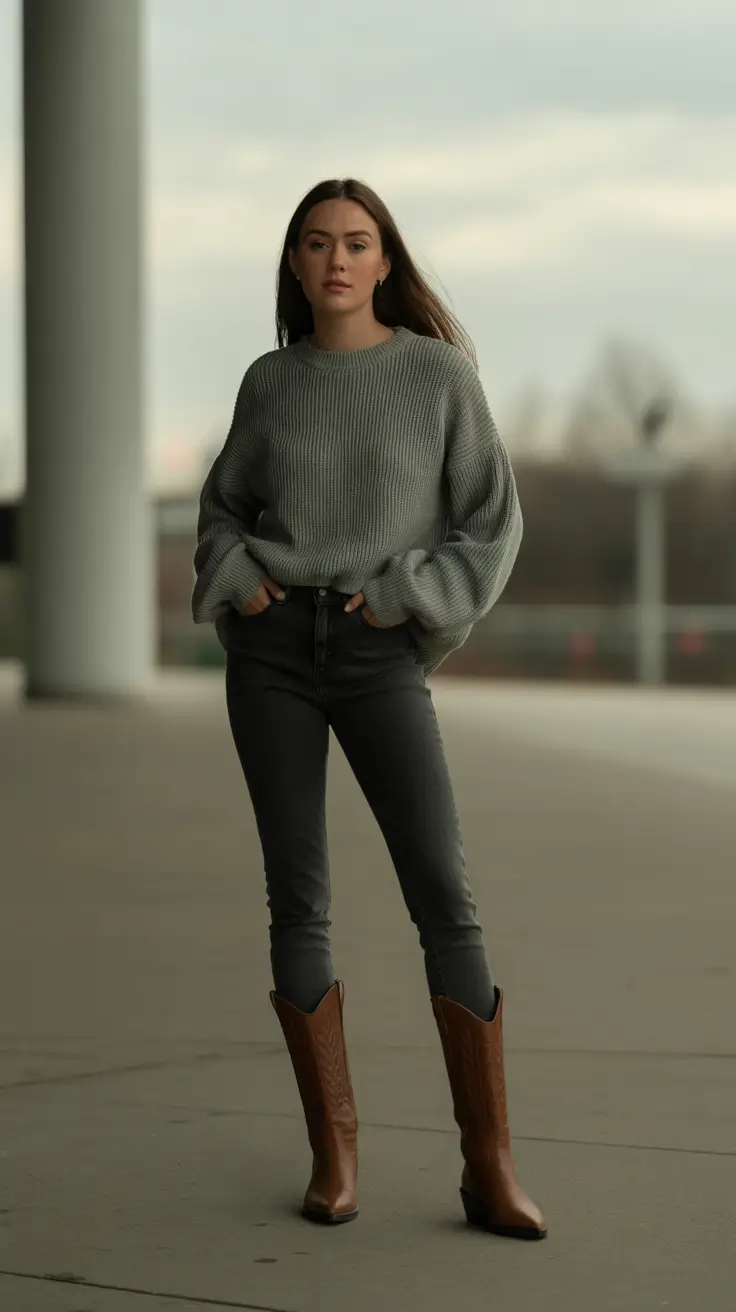 basic outfits ideas for women 2026 Cozy Gray Knit and Western Boots