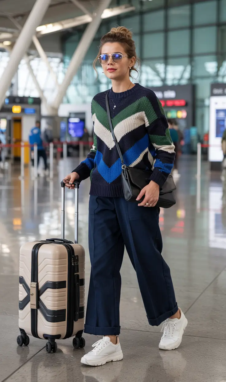 Best travel outfits 2026 - Chevron knit and wide pants for colorful airport style