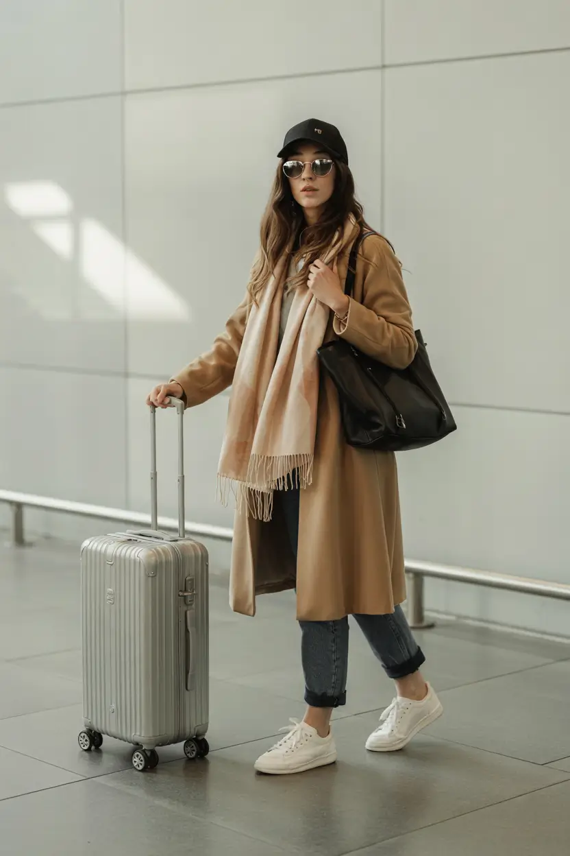 Best travel outfits 2026 - Camel coat and scarf for classic airport chic