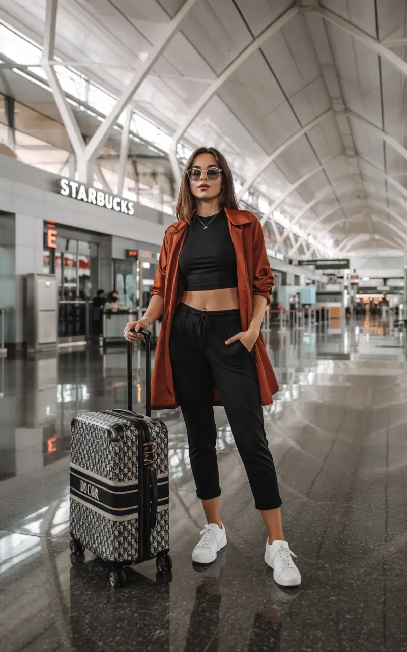 Best travel outfits 2026 - Rust duster and crop set for trendy transit days