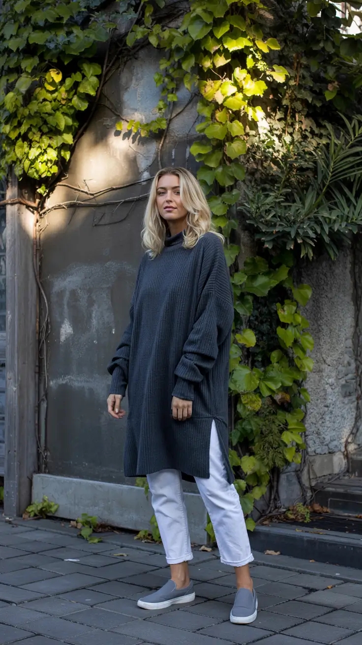 Best travel outfits 2026 - Oversized sweater dress and white pants for relaxed city wandering