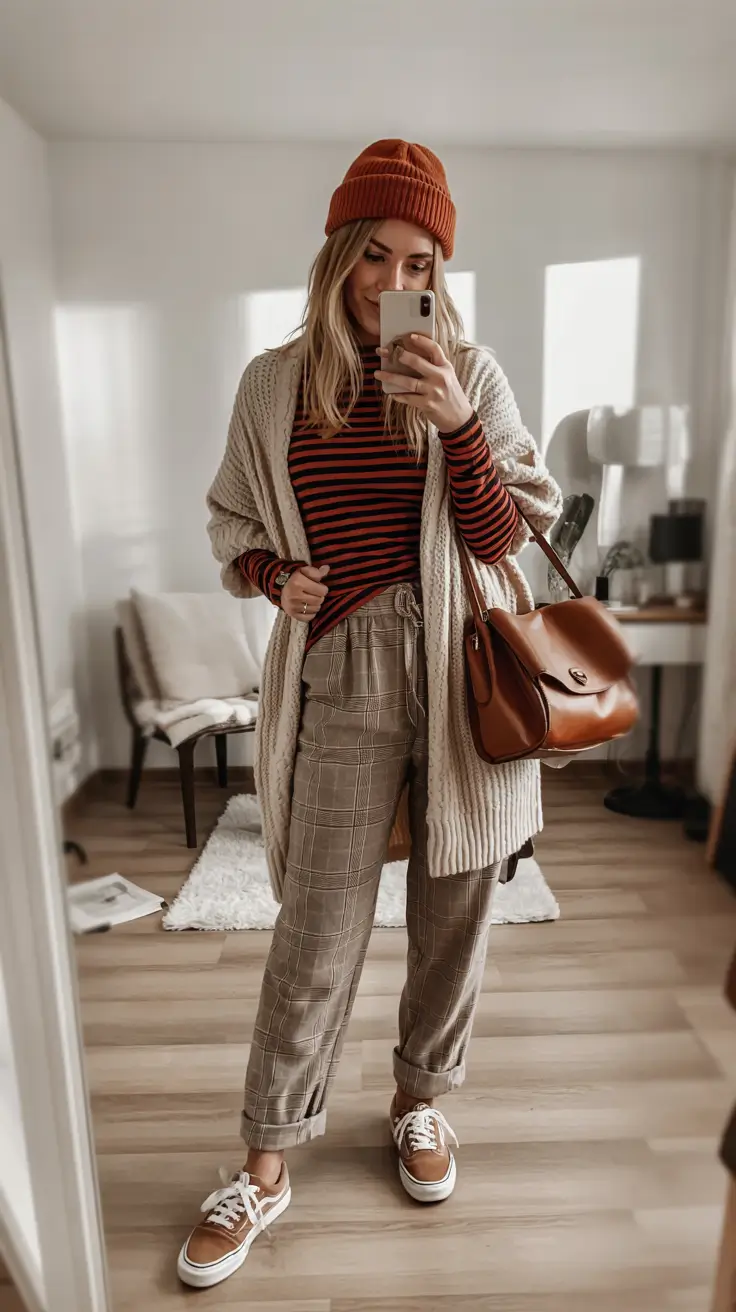 Best travel outfits 2026 - Striped knit and plaid trousers for cozy city hopping
