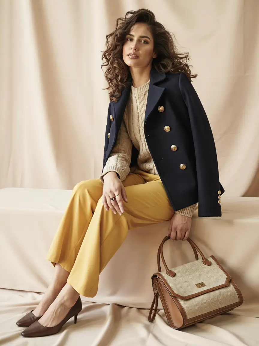 Best travel outfits 2026 - Structured blazer and yellow trousers for stylish work trips