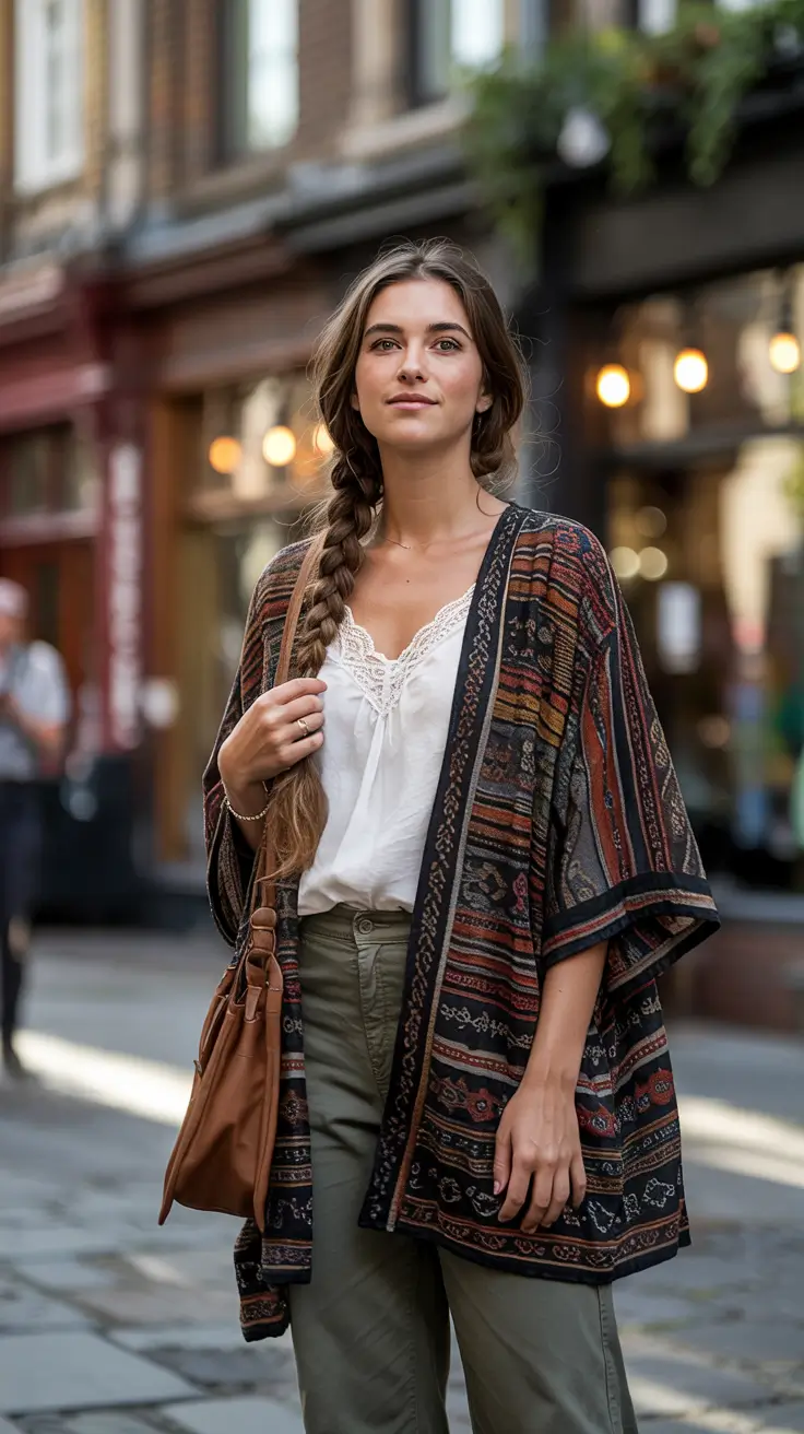 Best travel outfits 2026 - Boho kimono layers for artsy travel days