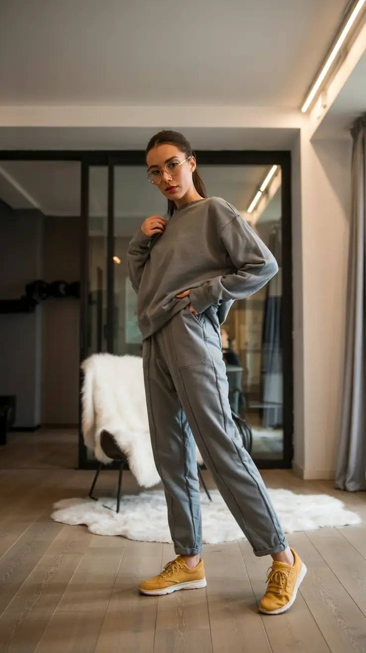 Best travel outfits 2026 - Monochrome sweat set with a pop of color