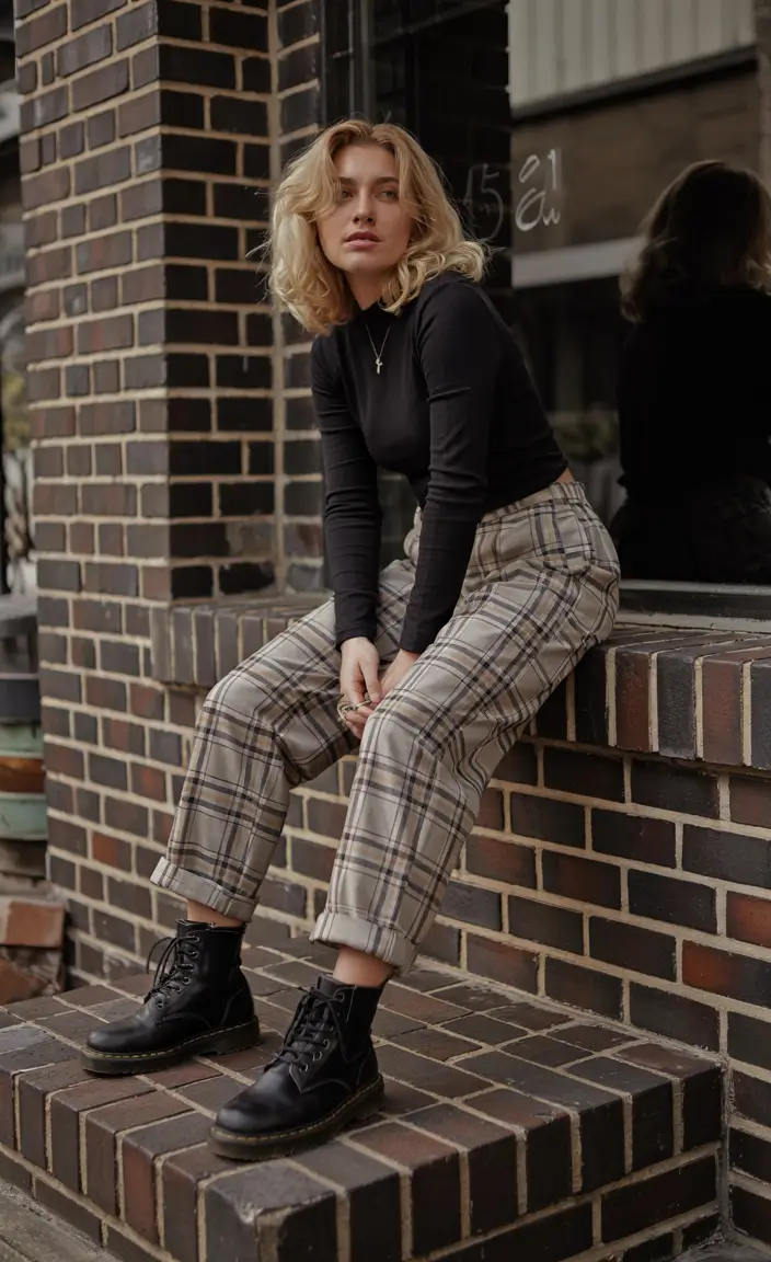 Best travel outfits 2026 - Plaid trousers and combat boots for street ready exploring