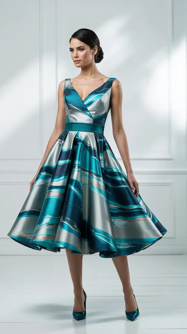 Best wedding guest outfits 2026 Teal Metallic Midi for a Modern Ballroom Moment