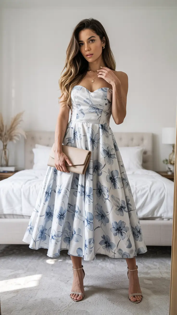 Best wedding guest outfits 2026 Powder-Blue Floral Dress for Simple Spring Mornings