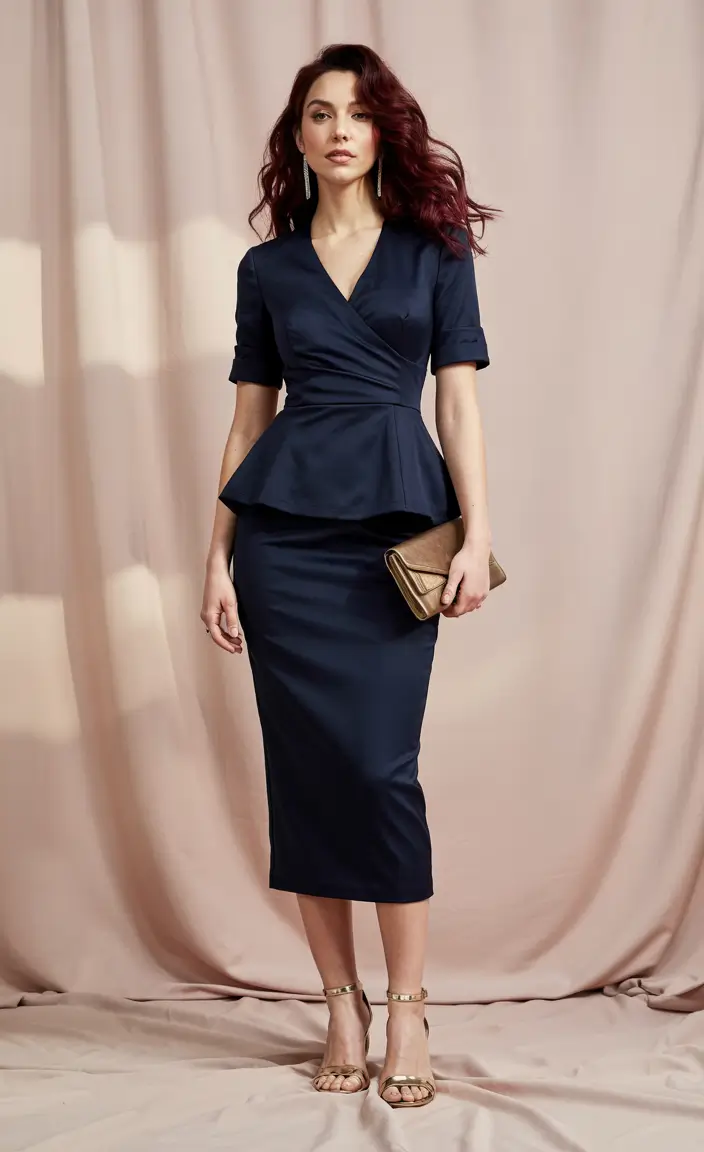 Best wedding guest outfits 2026 Navy Peplum Pencil Dress for Civil-Ceremony Polish