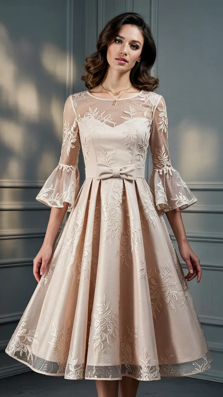 Best wedding guest outfits 2026 Champagne Fit-and-Flare for Vintage-Inspired Winter Magic