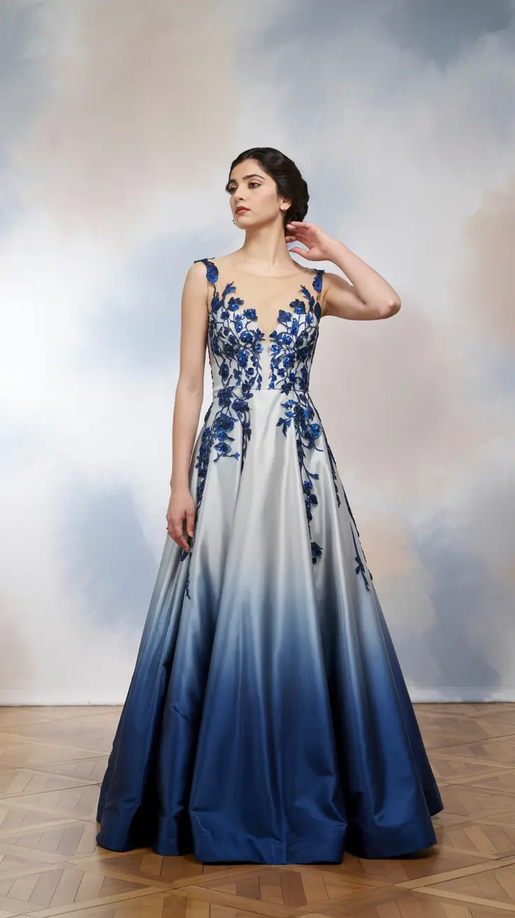 Best wedding guest outfits 2026 Ombre Blue Gown for Winter Romance