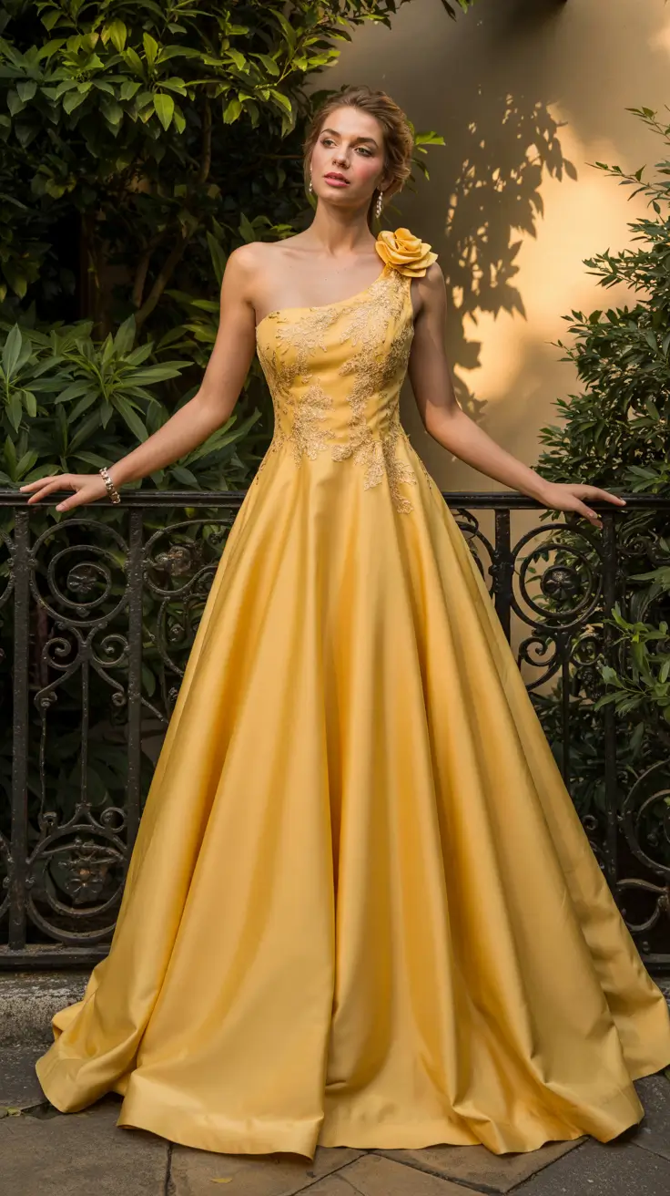 Best wedding guest outfits 2026 Golden One-Shoulder Gown for Country Sundown Celebrations