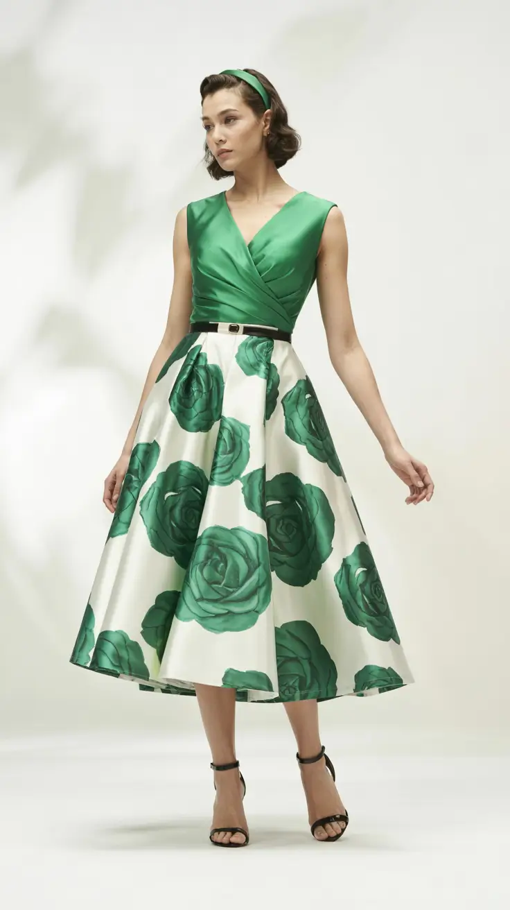 Best wedding guest outfits 2026 Retro Green Roses for Playful Garden Parties