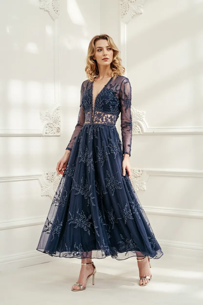 Best wedding guest outfits 2026 Navy Lace Midi for an Elegant Autumn Reception