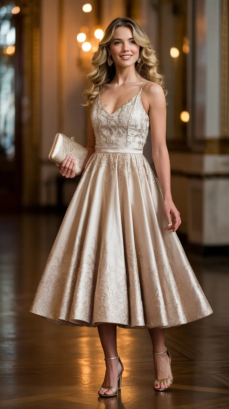 Best wedding guest outfits 2026 Champagne Tea-Length Dress for Classic Spring Chic