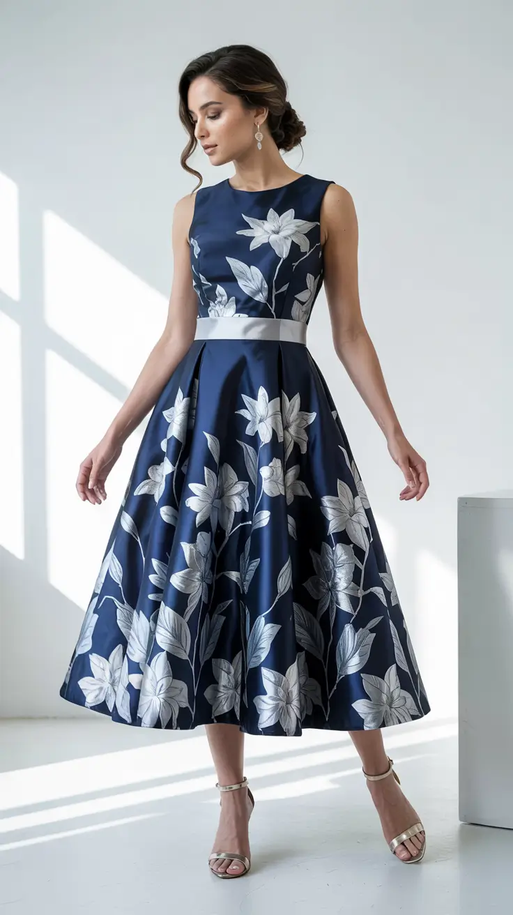 Best wedding guest outfits 2026 Navy Floral Midi for Garden Party Vibes