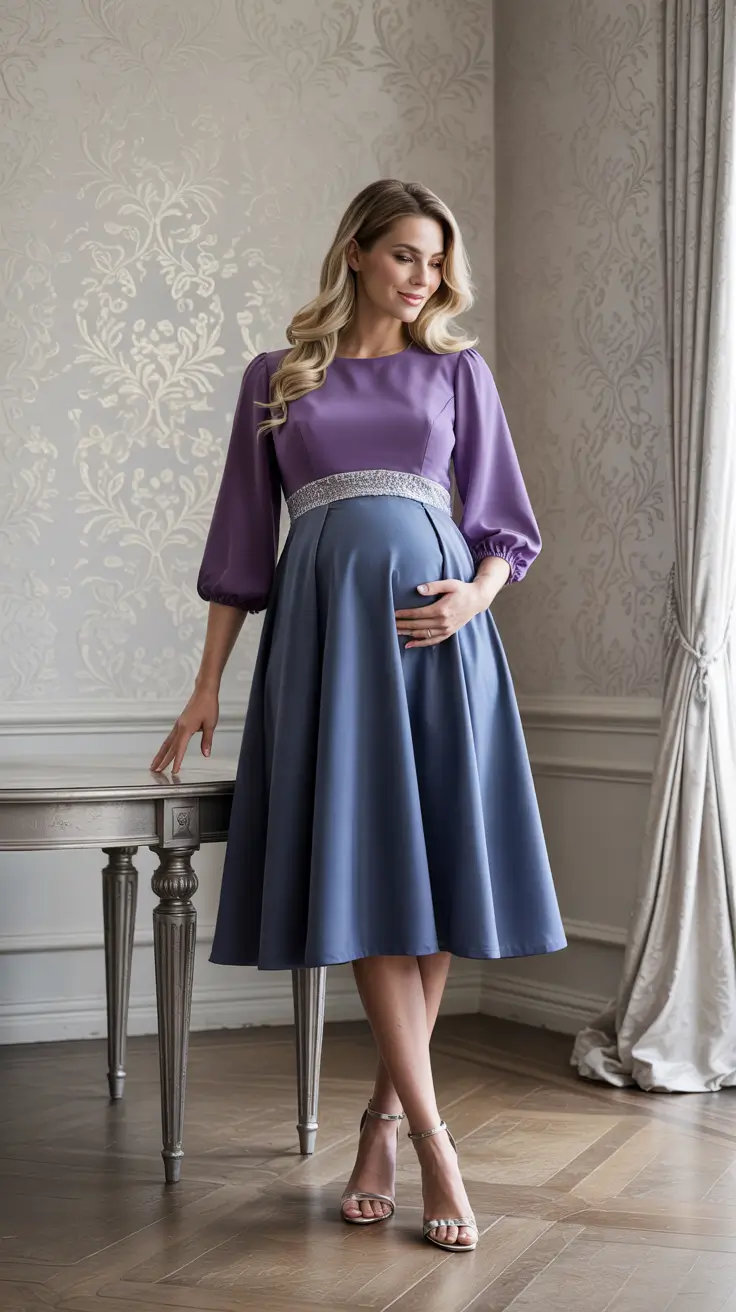 Best wedding guest outfits 2026 Mauve and Blue Dress for Maternity-Friendly Grace