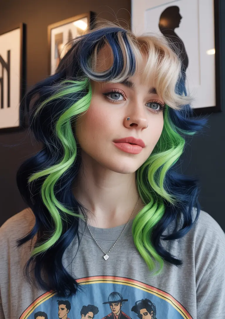 Calico hair color 2026 lookbook – Electric Navy and Lime Ribbon Waves H2