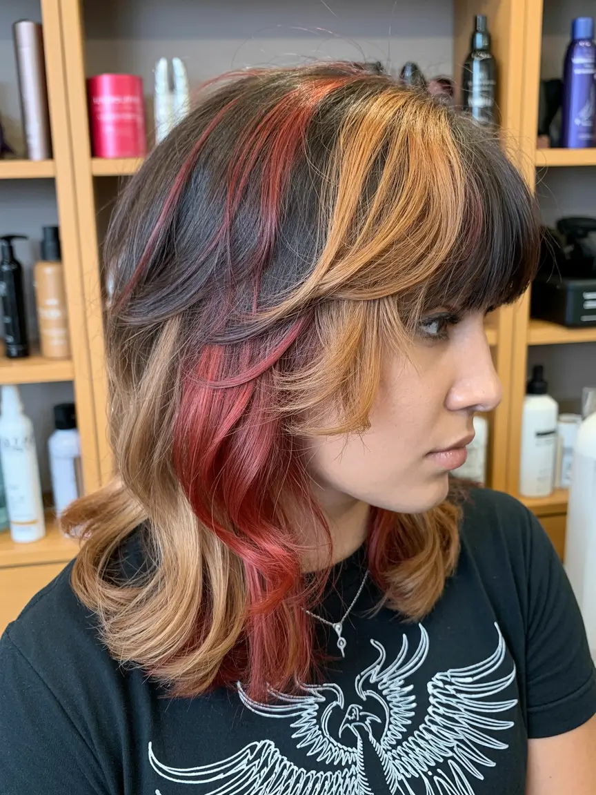 Calico hair color 2026 lookbook – Short Calico Shag with Citrus Fringe H2