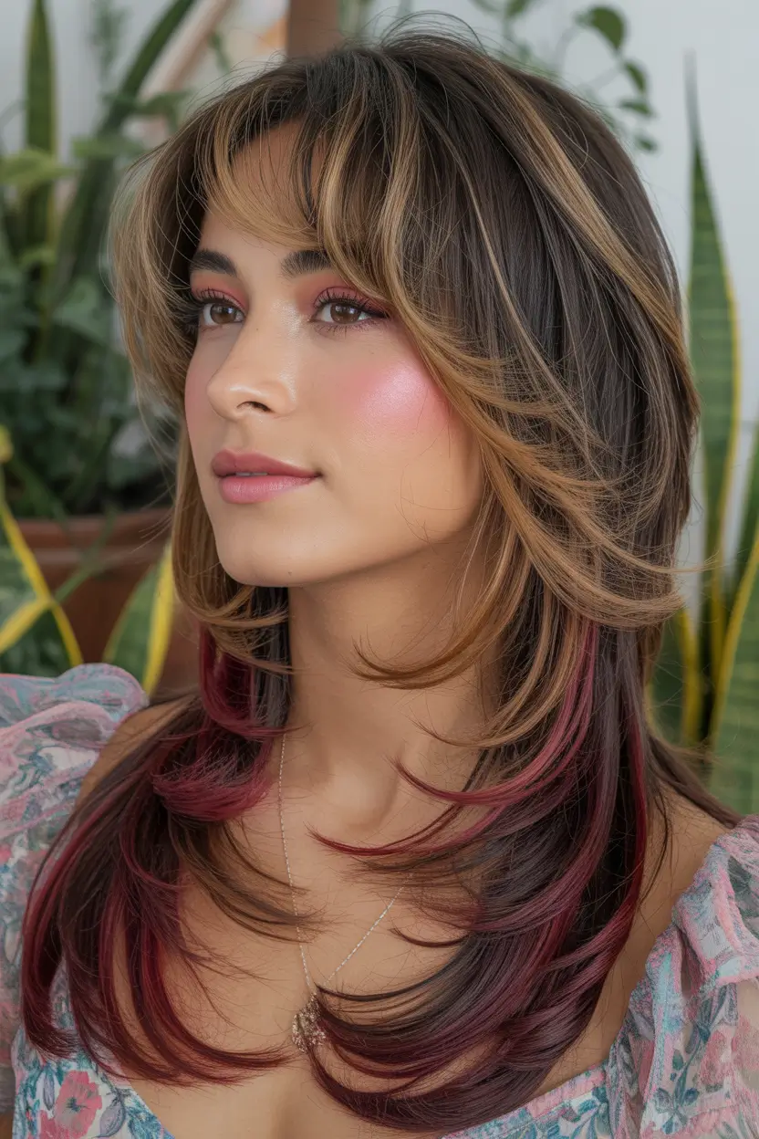 Calico hair color 2026 lookbook – Soft Calico Layers with Berry Ends H2