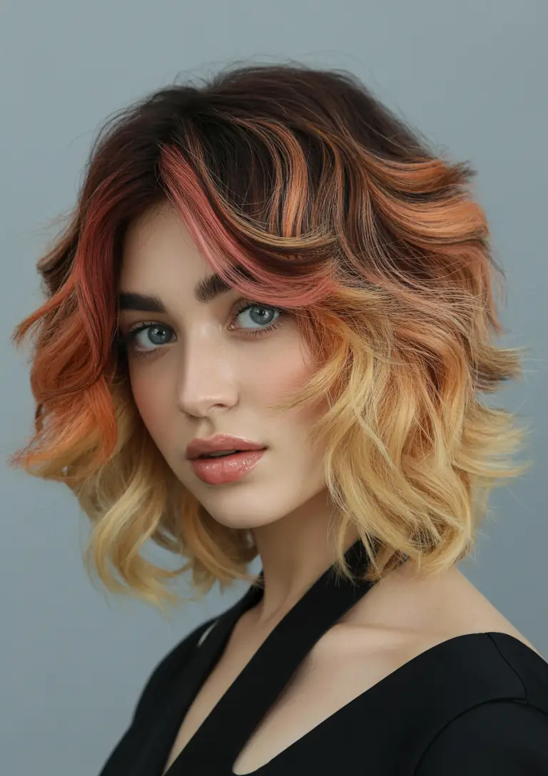 Calico hair color 2026 lookbook – Sunset Calico Wavy Bob H2