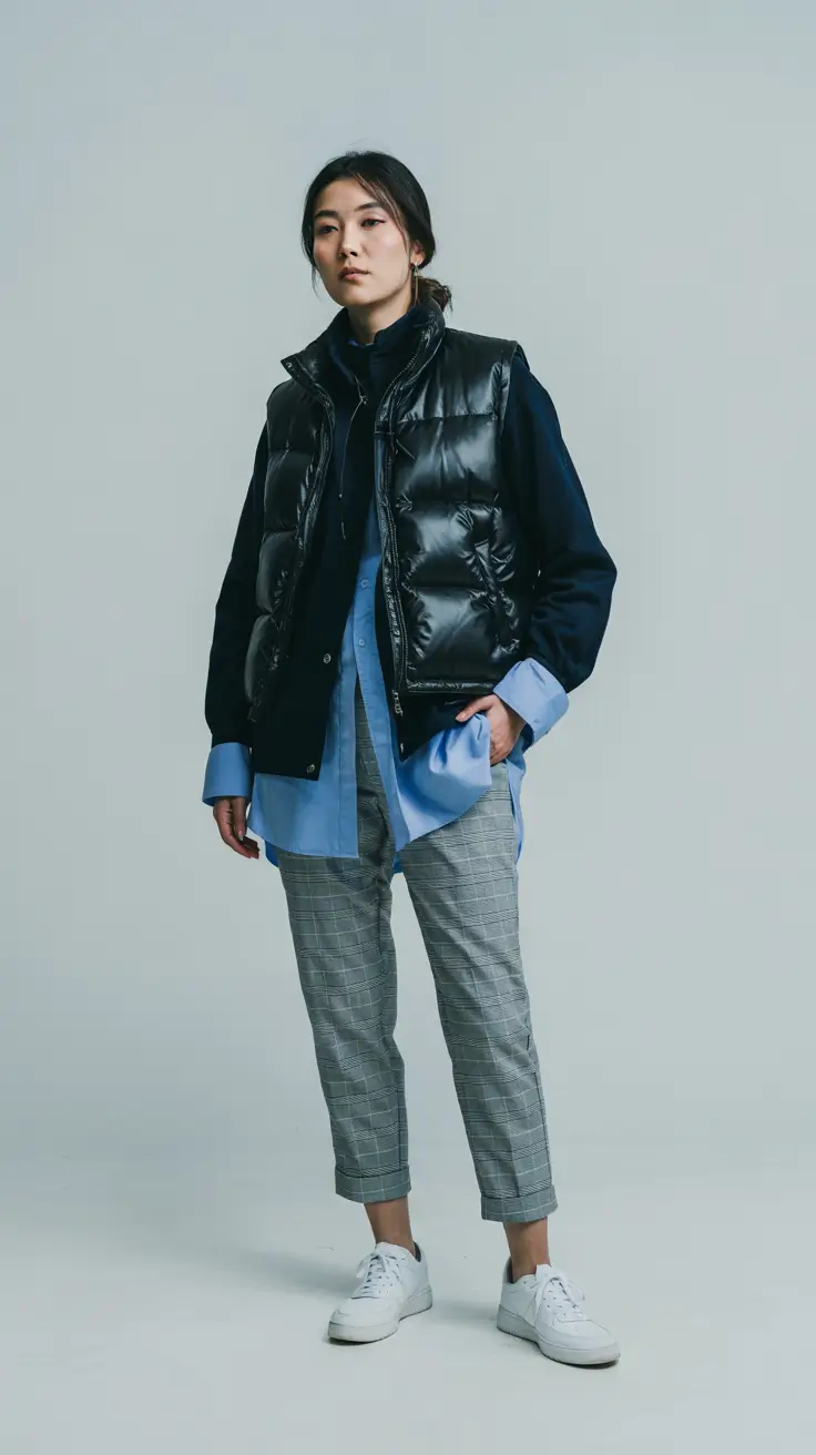 Capsule wardrobe outfits inspiration 2026 Puffer Vest and Tailored Layers for Minimalist Winter Ease