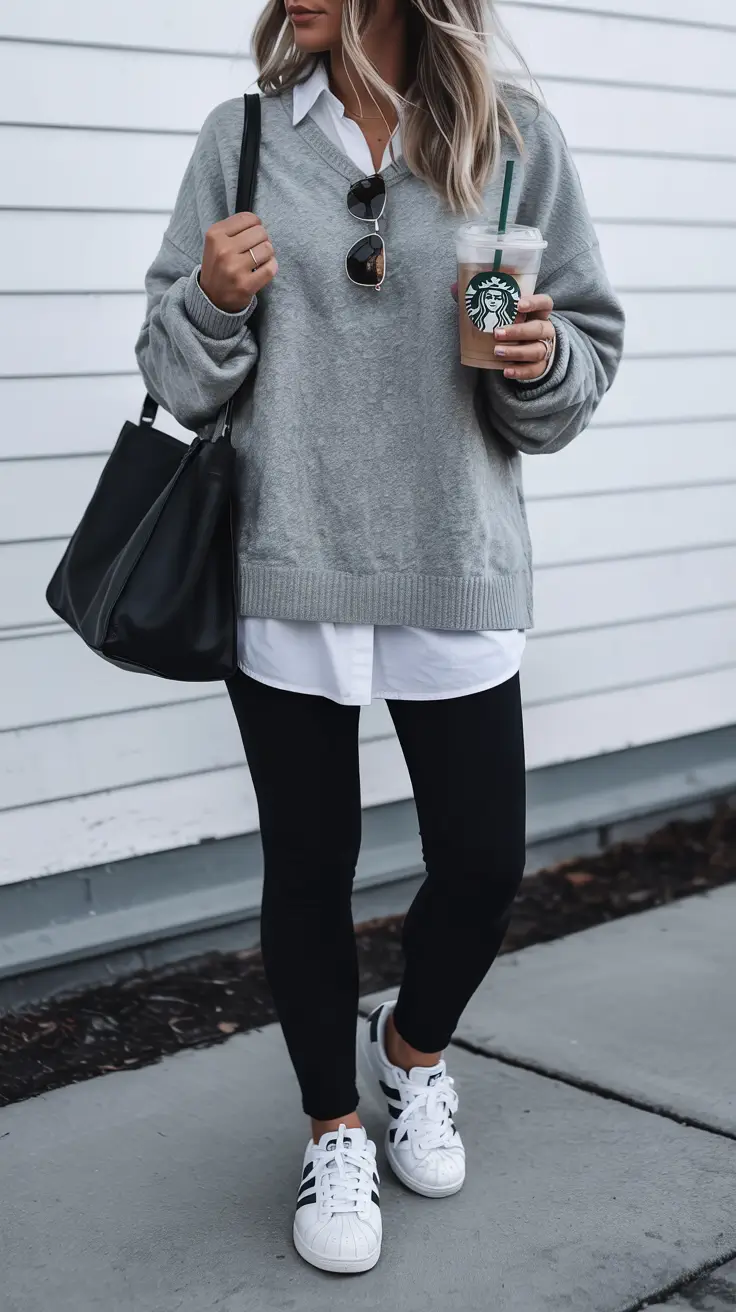 Capsule wardrobe outfits inspiration 2026 Grey Layers and Leggings for Minimalist Coffee-Run Comfort