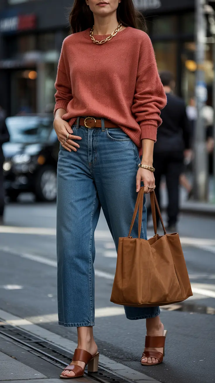 Capsule wardrobe outfits inspiration 2026 Rust Sweater and Wide Denim for Effortless City Casual