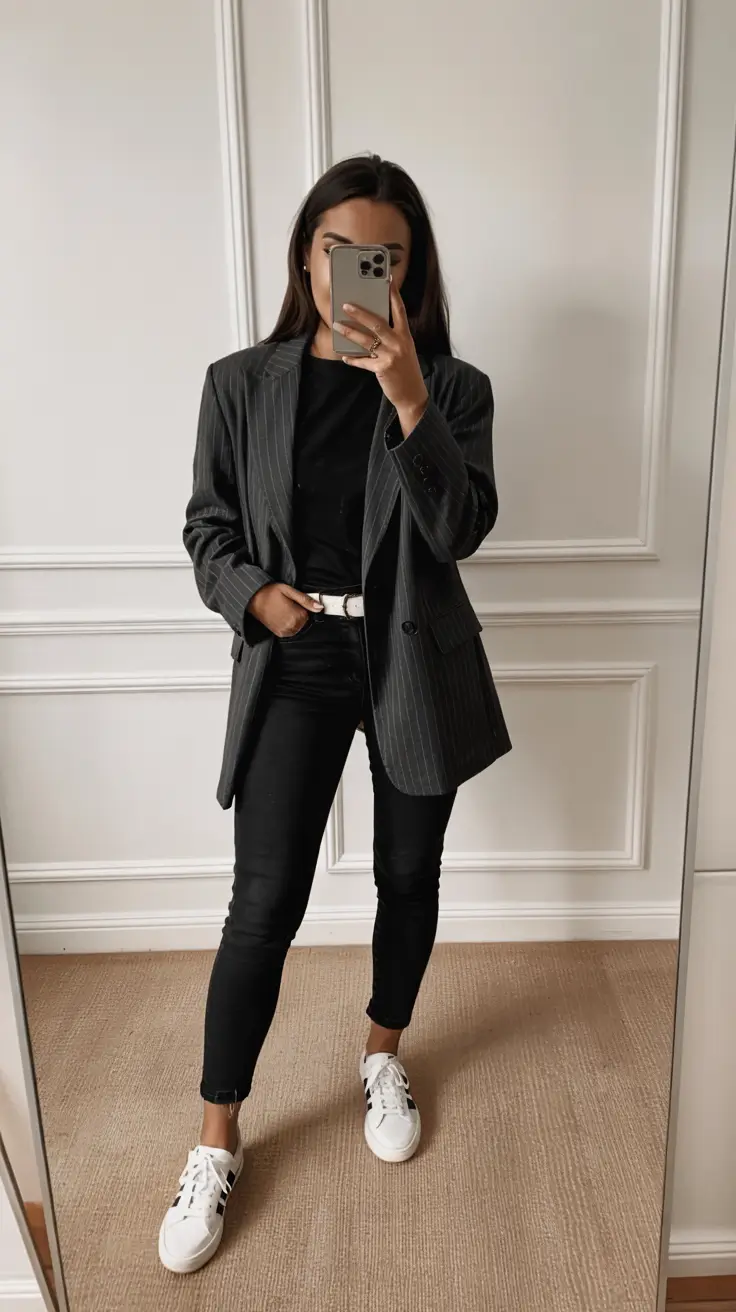 Capsule wardrobe outfits inspiration 2026 Pinstripe Blazer and Sneakers for Modern Minimalist Workdays