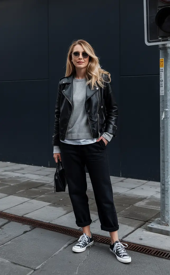 Capsule wardrobe outfits inspiration 2026 Leather Jacket and Converse for Everyday Edgy Basics