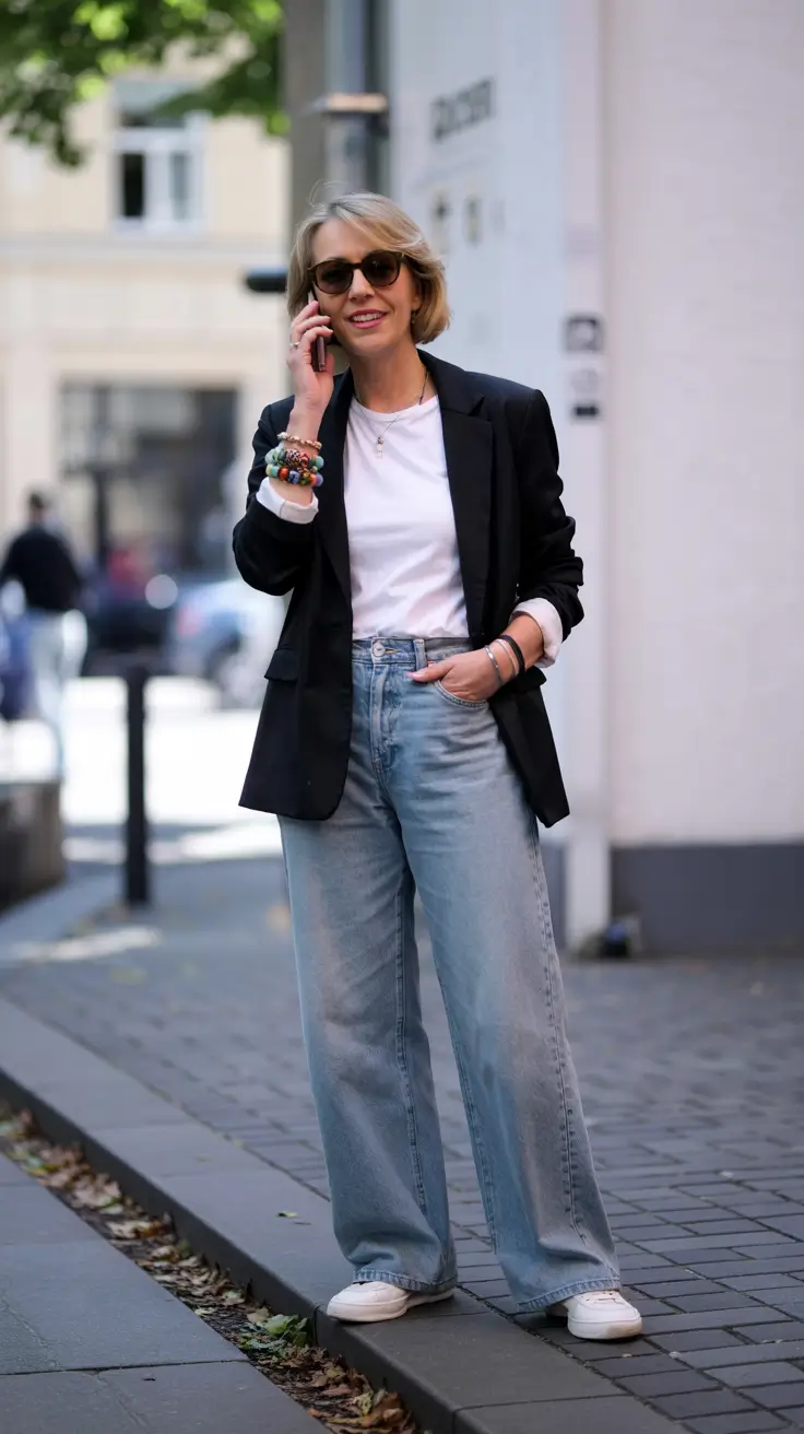 Capsule wardrobe outfits inspiration 2026 Blazer, Denim and White Sneakers for Modern Work Days
