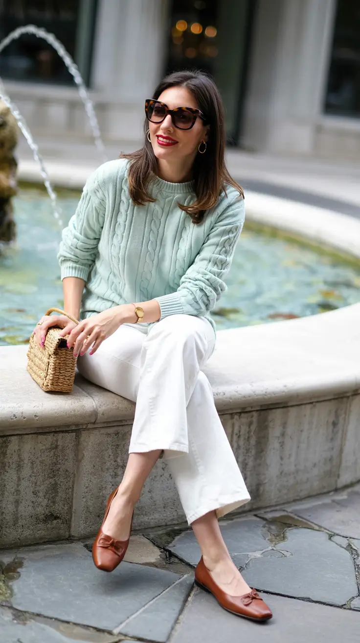 Capsule wardrobe outfits inspiration 2026 Mint Knit and White Denim for Soft Summer Days