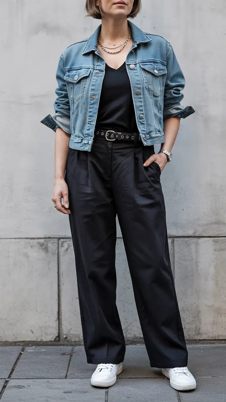 Capsule wardrobe outfits inspiration 2026 Denim Jacket and Black Trousers for Edgy Off-Duty