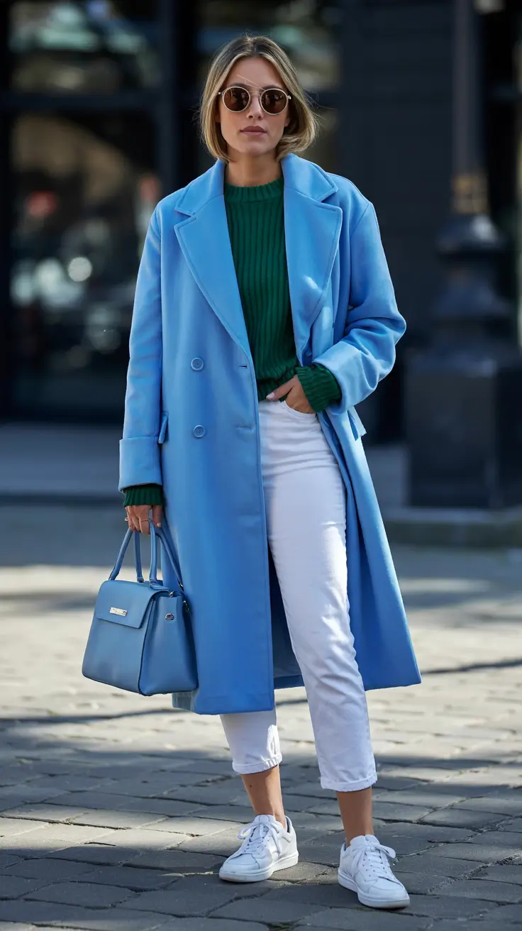 Capsule wardrobe outfits inspiration 2026 Color-Pop Coat with White Jeans for Bright Winter Walks