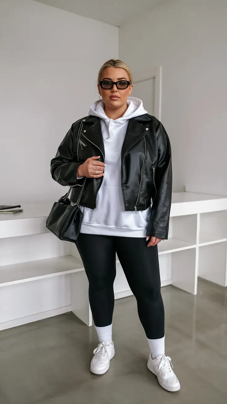 Capsule wardrobe outfits inspiration 2026 Leather Jacket, Hoodie and Leggings for Sporty Capsule Days