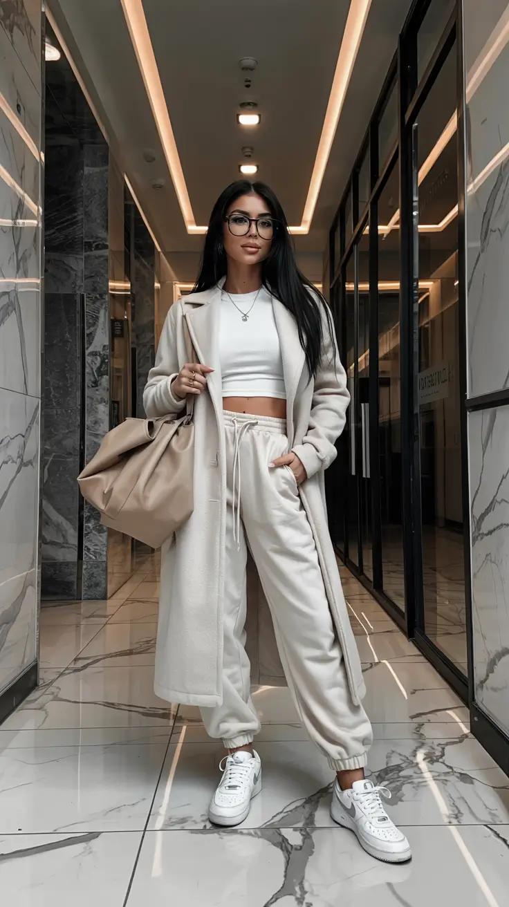 Capsule wardrobe outfits inspiration 2026 Creamy Joggers and Long Coat for Elevated Loungewear