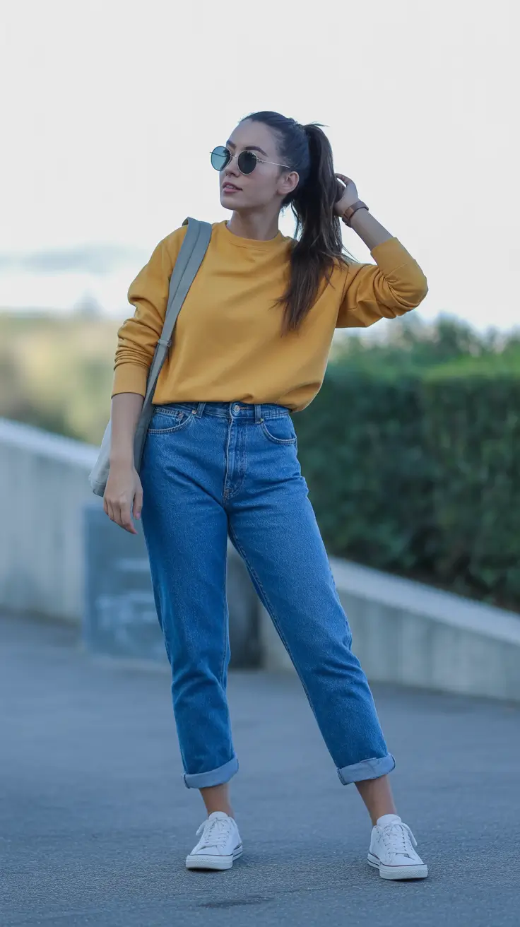 Casual basic outfits 2026 - Mustard Sweatshirt and Rolled Jeans for Everyday Errands