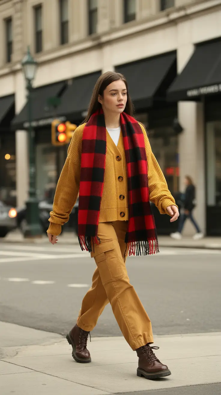 Casual basic outfits 2026 - Yellow Cardigan and Cargo Pants with a Plaid Scarf