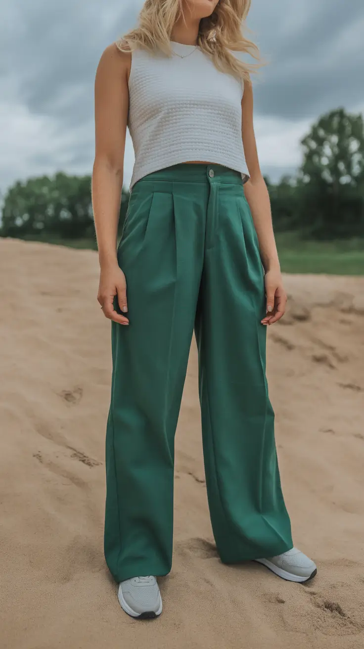 Casual basic outfits 2026 - Green Trousers and Crop Top for Clean Summer Lines