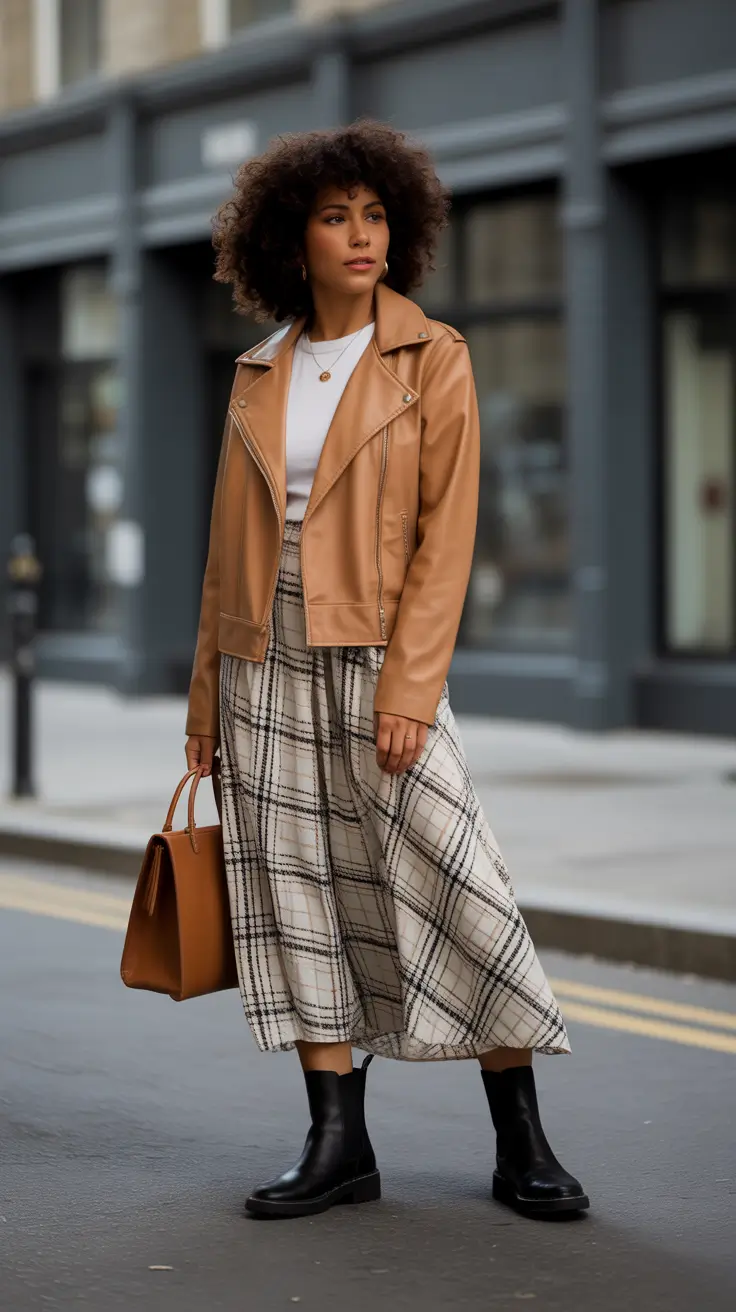 Casual basic outfits 2026 - Moto Jacket and Plaid Skirt for Everyday Chic