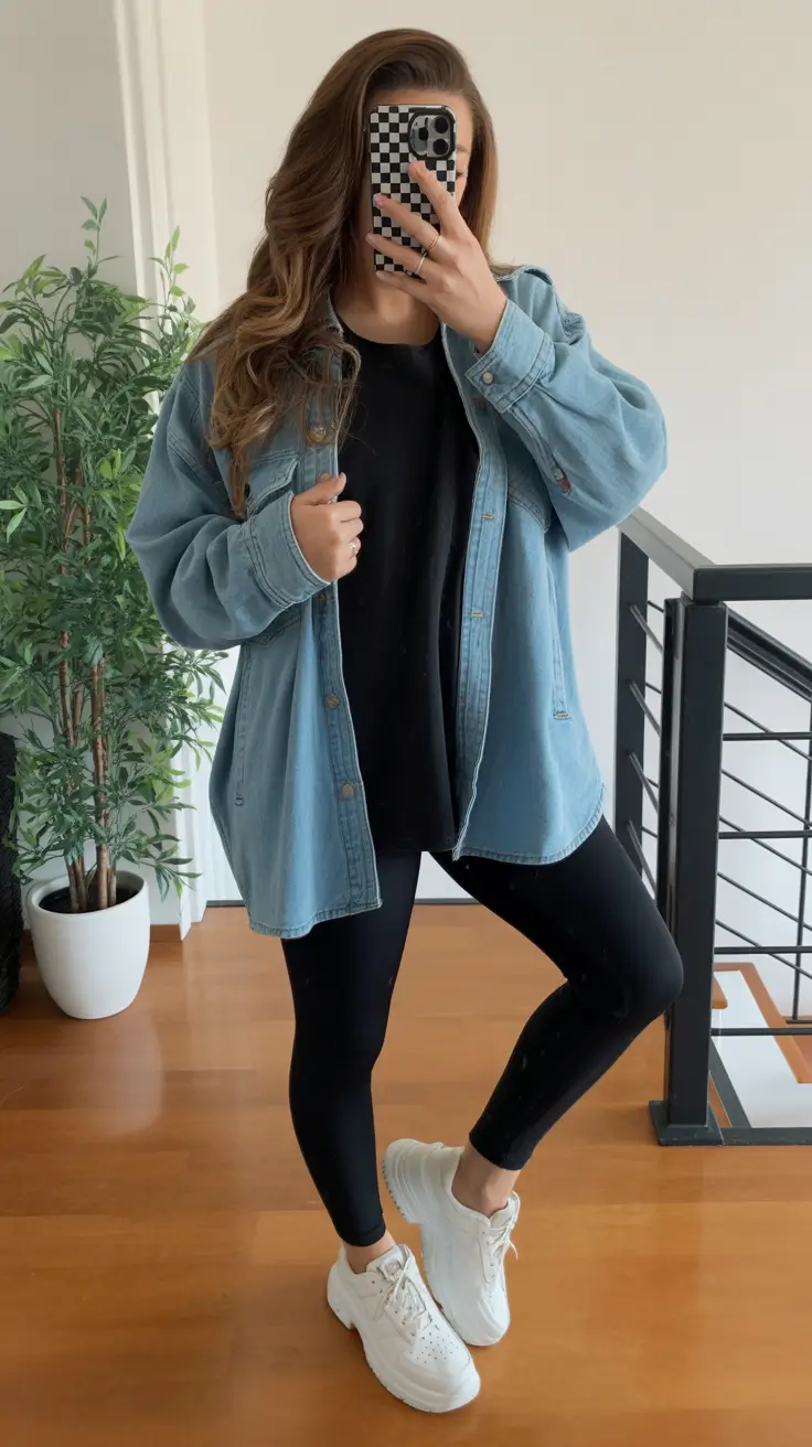 Casual basic outfits 2026 - Denim Shacket and Leggings for Easy Off-Duty Days