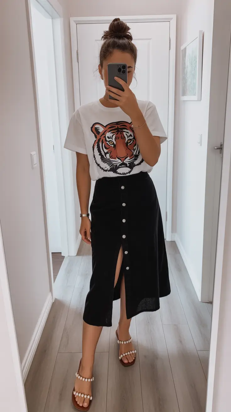 Casual basic outfits 2026 - Graphic Tee and Midi Skirt for Casual Summer Chic
