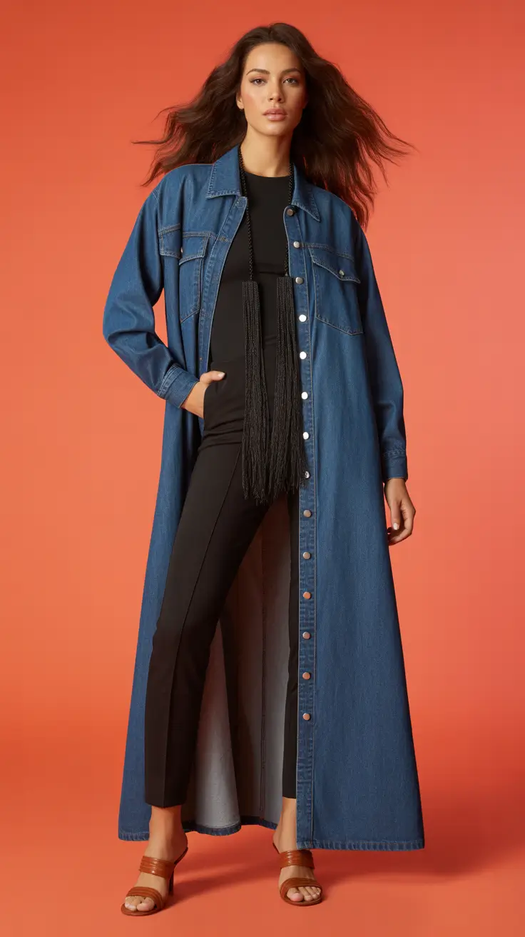 Casual jeans outfits 2026 – Long Denim Duster Over Sleek Black Base