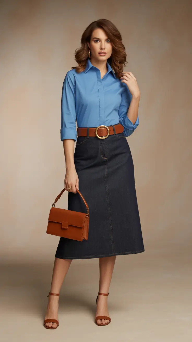 Casual jeans outfits 2026 – Polished Dark Denim Skirt With Warm Brown Accents