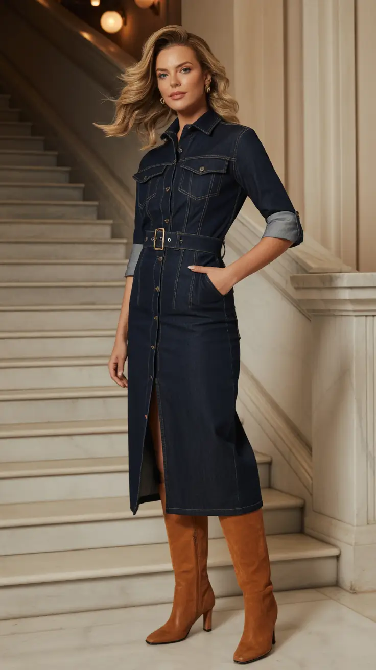 Casual jeans outfits 2026 – Dark Denim Shirt Dress With Tall Suede Boots