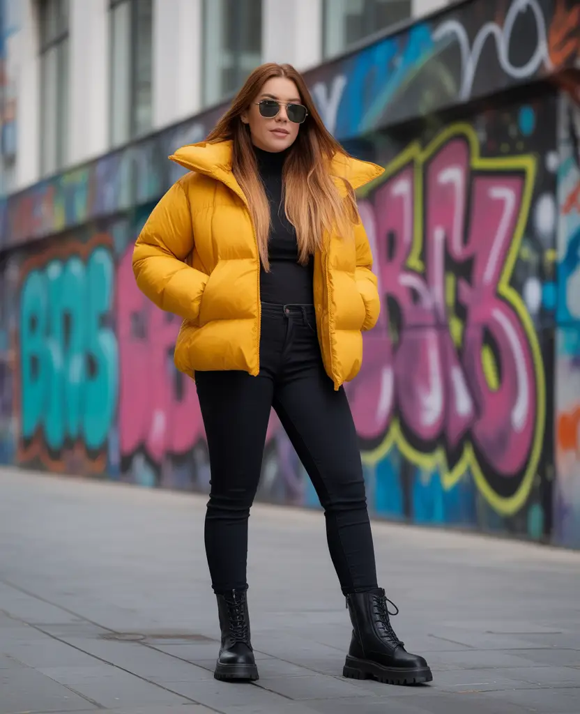 Casual jeans outfits 2026 – Black Denim and Yellow Puffer for City Winters