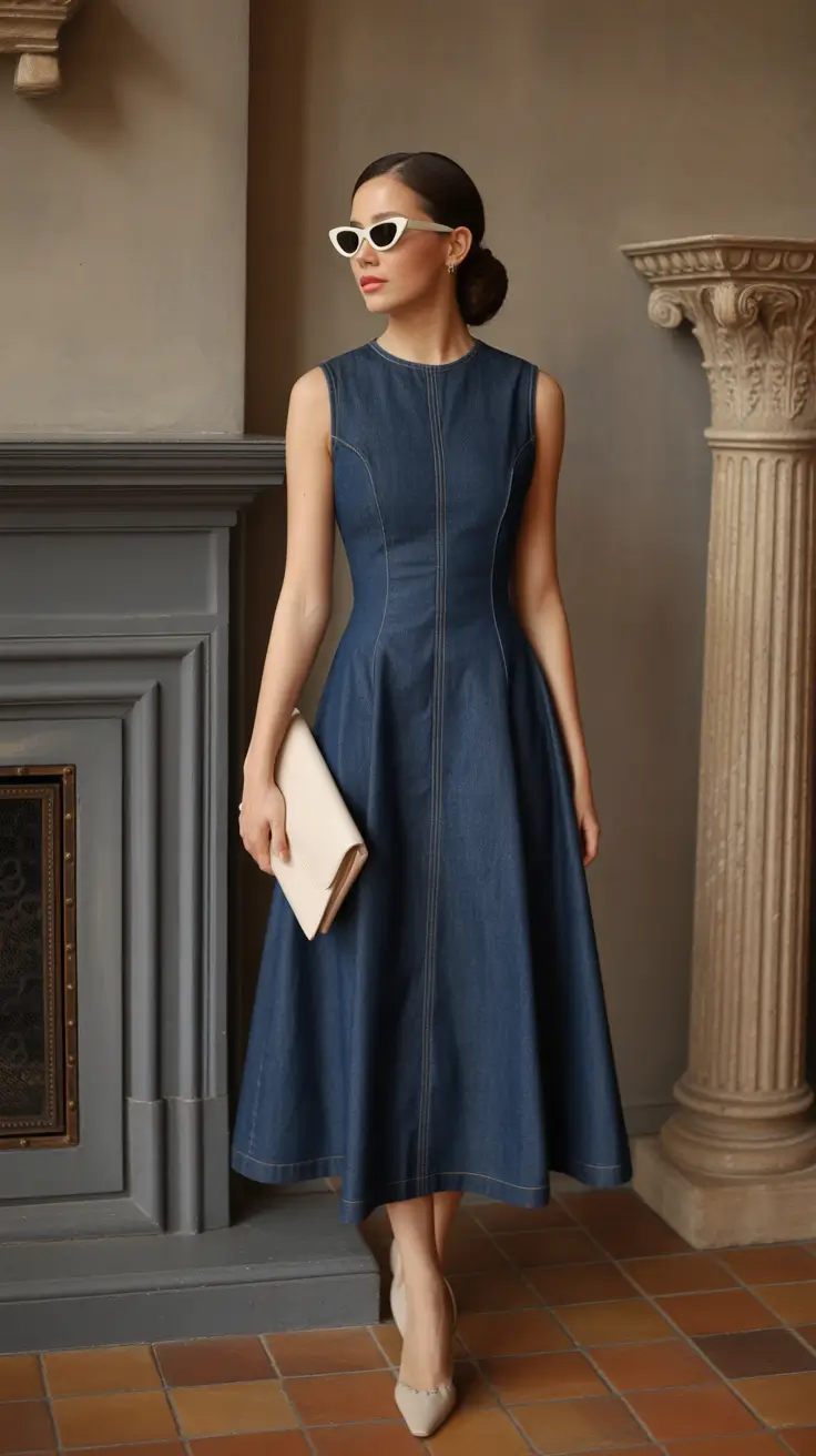 Casual jeans outfits 2026 – Elegant Dark Denim Midi Dress With Beige Accessories